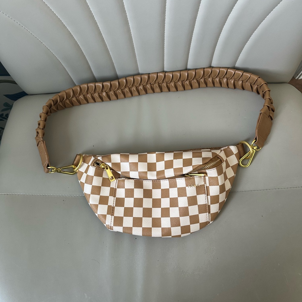 Fawn Design Fanny Pack- Checkered Beige and White Crossbody Bag